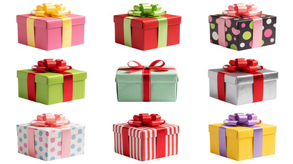Colorful Gift Boxes with Ribbons in Vibrant Pastel Colors on White Background for Holiday Greeting