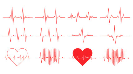 Heartbeat ECG signal in red on white background with heart symbol in various styles for medical illustration