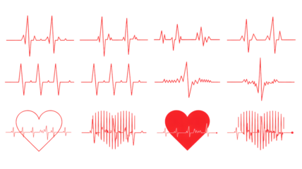 Heartbeat ECG signal in red on white background with heart symbol in various styles for medical illustration
