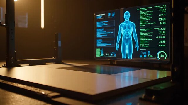 Gym with digital human anatomy screen showing body scan, health data, fitness metrics. Technology, data driven healthcare concept.