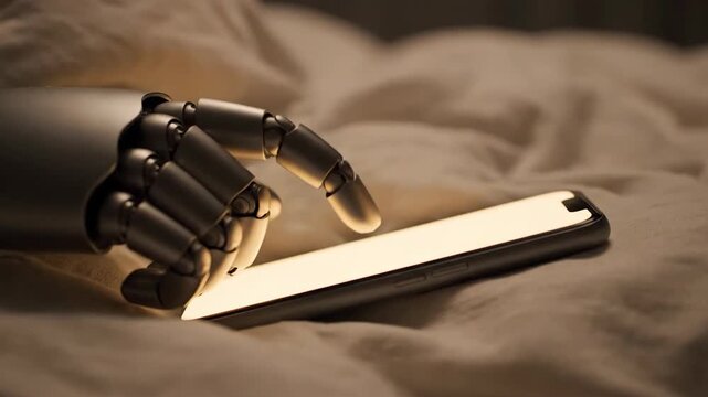 Robotic hand using a mobile phone on a bed, illustrating future technology and connection.