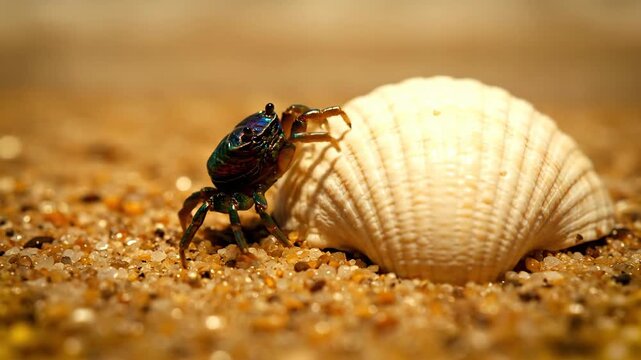 Close-up of a small crab with iridescent shell near a seashell on sand at beach.