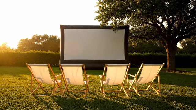 Outdoor movie screen with empty deck chairs on green grass lawn at sunset, summer lifestyle