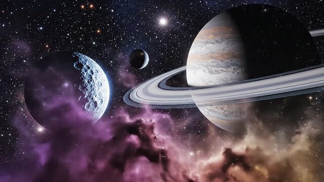 Vibrant mysterious cosmos unfolds with planets, swirling nebulae, evoking celestial awe expansive space scene presents grandeur stimulating wonder, visible nebula, dreamy cosmic display of heavenly