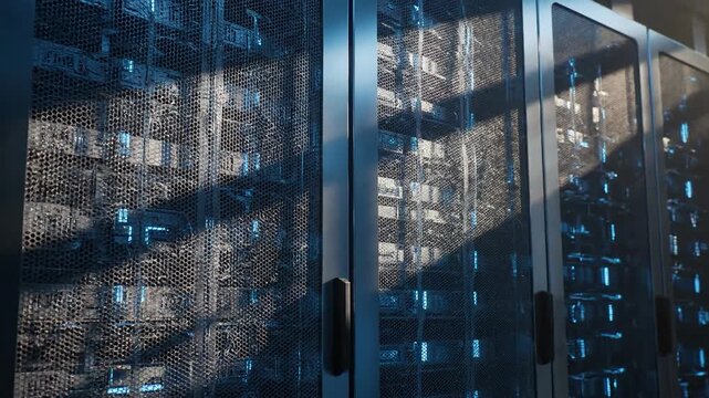Data center with server racks and hardware for networking, cloud computing, and technology infrastructure - Powered by Adobe