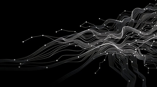 Abstract digital network with glowing white lines and dots on a black background representing data connection and futuristic technology