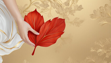 赤い二枚の葉で作るハートマーク　AI生成素材