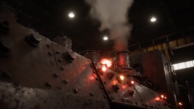 Steam train engine with red lights and smoke billowing.