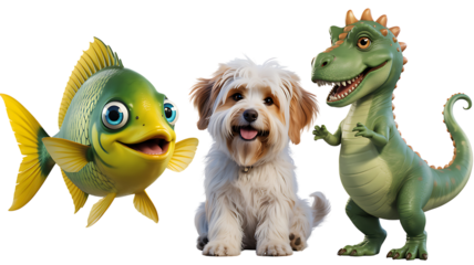 Cartoon dog and dinosaur with a green and yellow fish