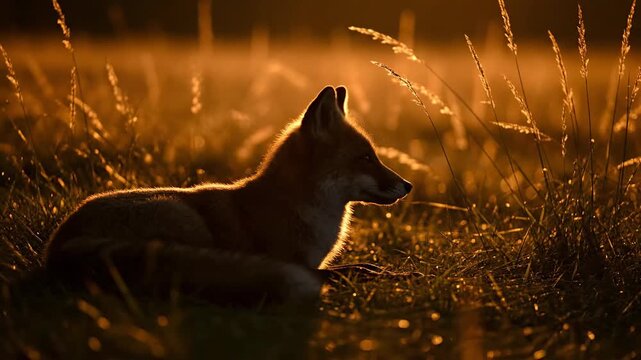 Golden hour: Fox resting peacefully in field, backlit by sunset. Wild animal, nature.