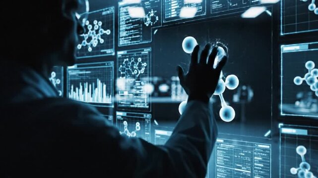 Futuristic Scientist Interacting with Digital Interface.