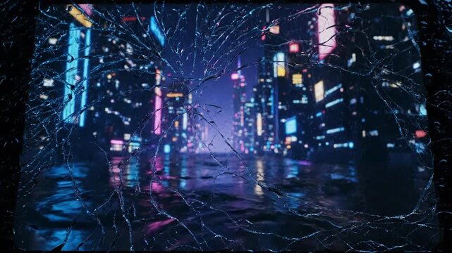 Broken glass over modern city skyline reflects neon lights, technology damaged concept, dark cyberpunk aesthetic