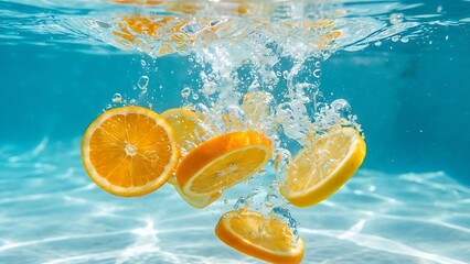 Refreshing splash of vibrant citrus fruit slices, including oranges and lemons, sinking into clear blue water, creating a dynamic, effervescent underwater scene