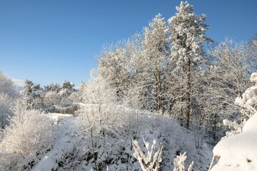 : Stary Jicin castle ruins. View of the snowy front castle across the castle moat. Czech Republic. 