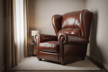 Minimal interior illustration featuring an oversized leather armchair placed in a quiet room. Distorted scale, controlled imbalance, and subtle imperfection create visual tension.