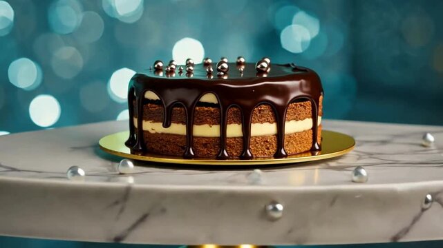 Chocolate cake with glossy ganache and silver sprinkles on marble surface with bokeh background