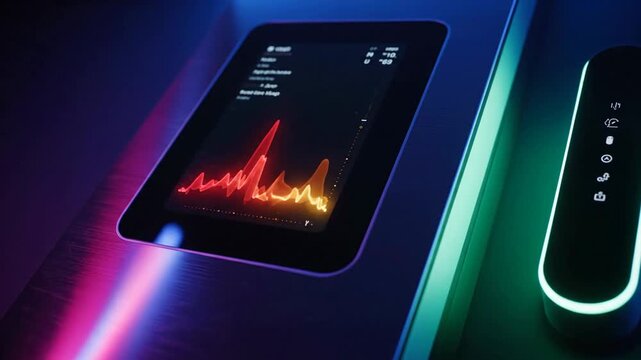 Futuristic technology device with screen and control panel, colorful neon lights, technology, device, futuristic, panel, screen, control.