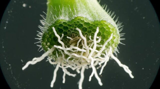 Macro shot of a green plant stem cross section, showing cellular structure and detail.