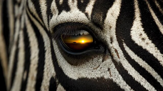 Striking close-up of a zebra eye reflecting an African sunset, showcasing zebra stripes and wildlife.
