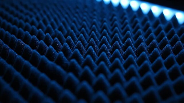 Acoustic foam panel background, sound dampening in blue with textured surface. Soundproofing concept for studio recording.