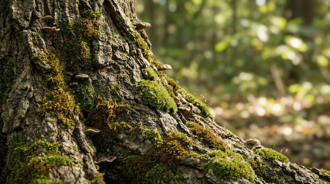 Macro Shot of Forest Tree Bark with Green Moss and Mushrooms - Powered by Adobe