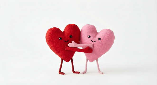 two cute handmade felt hearts with faces hugging on white background - Powered by Adobe