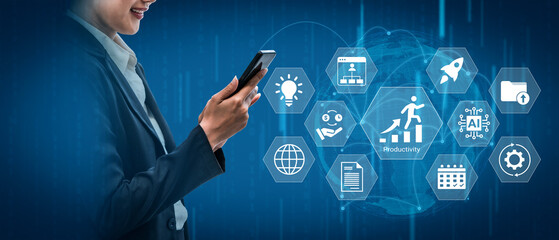A business professional engages with a smartphone amidst a digital backdrop showcasing icons representing productivity, innovation, and modern technology concepts. Gantry