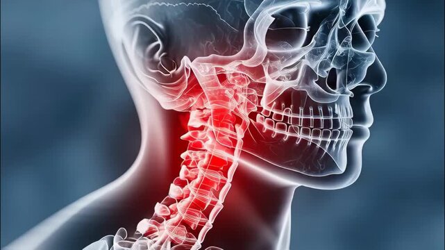 Digital Illustration of Human Neck Anatomy Highlighting Cervical Spine and Muscles in Side View