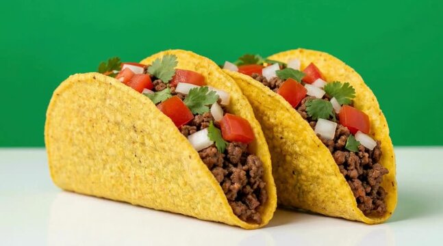 Close-up of Three Crunchy Hard Shell Tacos Filled with Seasoned Ground Beef, Fresh Salsa, and Cilantro Against a Bold Green Background.