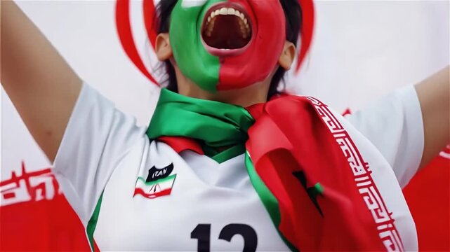 Passionate Iranian female fan with face painted in national colors cheering excitedly for her team with Iran flag on background vertical for sports events and patriotic celebration support