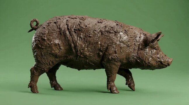 Side view of a large, domesticated pig completely covered in thick brown mud, standing against a solid studio green backdrop.