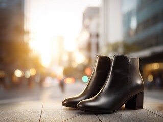 a pair of trendy black ankle boots with a chunky heel adding a touch of sophistication to a city sidewalk setting with a softly blurred background