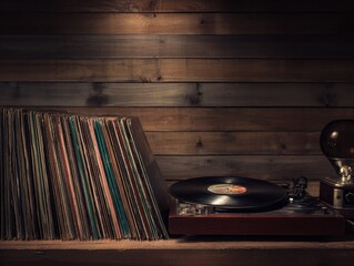 an array of vintage vinyl records and a record player displayed on a rustic wooden surface capturing the essence of classic music vibes and evoking a sense of warmth and nostalgia in a charming room