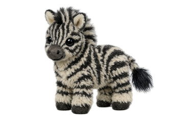 Fototapeta premium Plush zebra toy with black and white stripes, standing on a transparent background, soft adorable child's safari animal