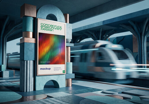 Template Mockup Conceptual Poster Display Branding Identity Futuristic Metro Station Environment