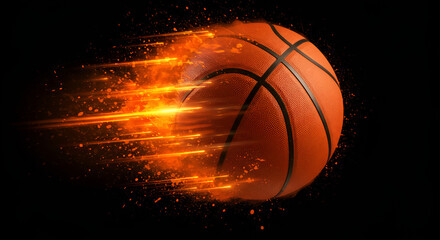 Fototapeta premium Basketball ball flying with fire trail and sparks isolated on black background, concept for sports competition, speed, energy, and power
