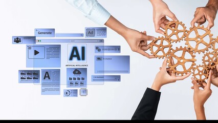 Hands gather around wooden gears, representing teamwork and collaboration in a digital landscape showcasing artificial intelligence technologies for business evolution. Raster