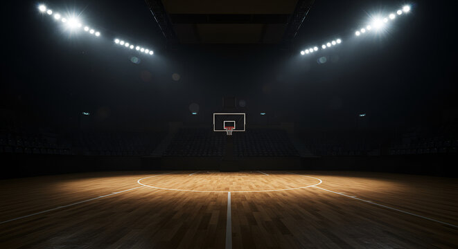 Empty wooden basketball court floor with spotlight and hoop in dark arena background for sports competition concepts