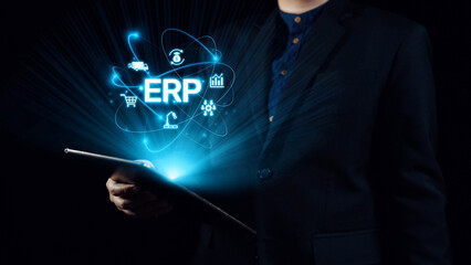 ERP platform visual showing centralized system for enterprise resource planning, improving integration, data flow, business efficiency, finance, inventory, and human resources. Elide