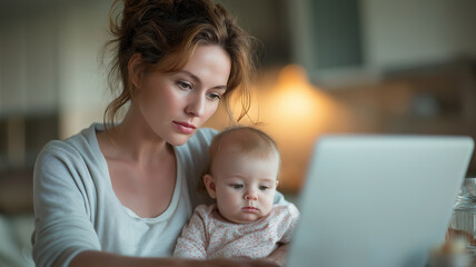 A focused businesswoman works on her laptop at home, cradling her baby in her lap with love Generative AI