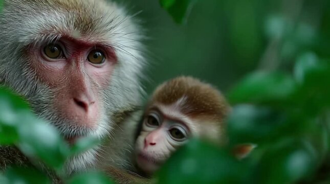 Rhesus macaque mother monkey feeding and protects her cute baby child in tropical nature forest park of Hainan, China. Wildlife scene with danger animal. Macaca mulatta Slow motion