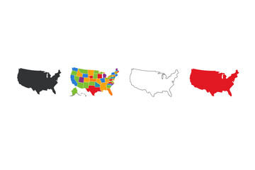 Four distinct representations of the United States map outline and filled shapes