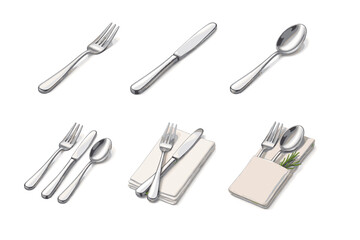 Fototapeta premium Collection of polished silverware and cutlery arrangements on a white background