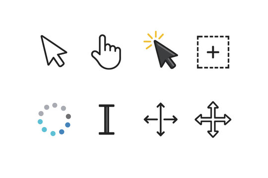 Collection of eight common computer cursor and interface icons on a white background