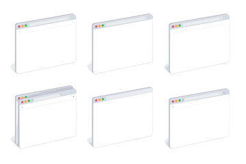 Collection of isometric browser window mockups on a white background