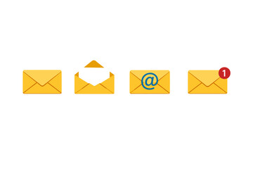 Set of four yellow envelope icons representing email communication and notifications