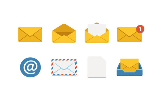 Collection of email and communication icons including envelopes and at symbol - Powered by Adobe