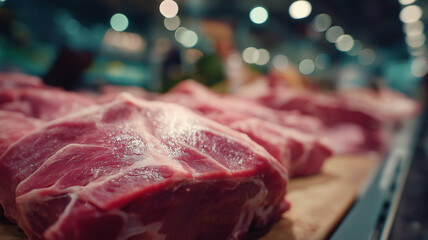Close-up of fresh pork showcasing rich textures and colors under warm market lights Generative AI