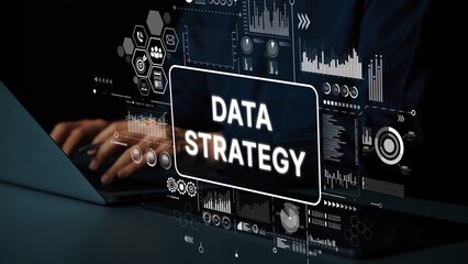 Hands Typing on Laptop with Overlay Graphics for Data Strategy and Analytics in Modern Workspace Environment. Asymptotic smart data analytic.