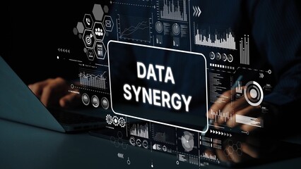 Concept of Data Synergy with Modern Analytics Dashboard and Hands on Laptop, Technology Background for Business and Innovation. Asymptotic smart data analytic.